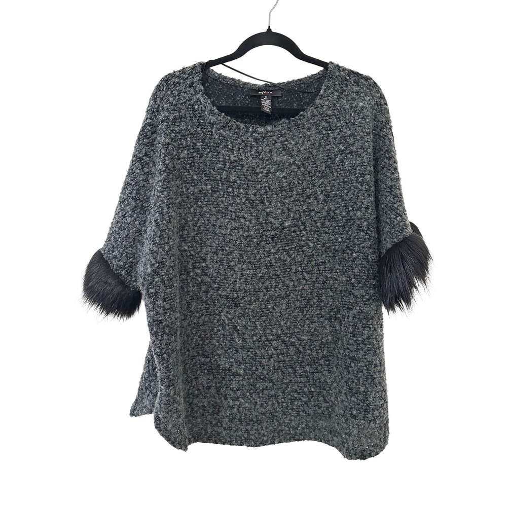 Style & Co Womens M Gray Boucle Knit Poncho Sweater Faux Fur Trim Sleeve